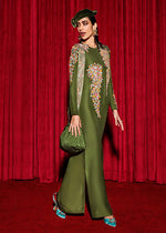 Olive Green Cut Dana Raw Silk Long Shirt (1-Pc) - Image 5