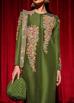 Olive Green Cut Dana Raw Silk Long Shirt (1-Pc) - Image 6