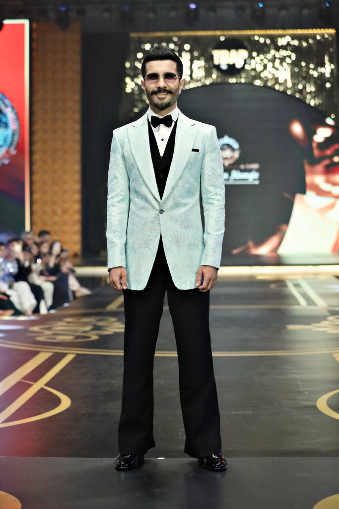 Mint Green Hand-Embroidered Tuxedo (3-Piece) - Image 1