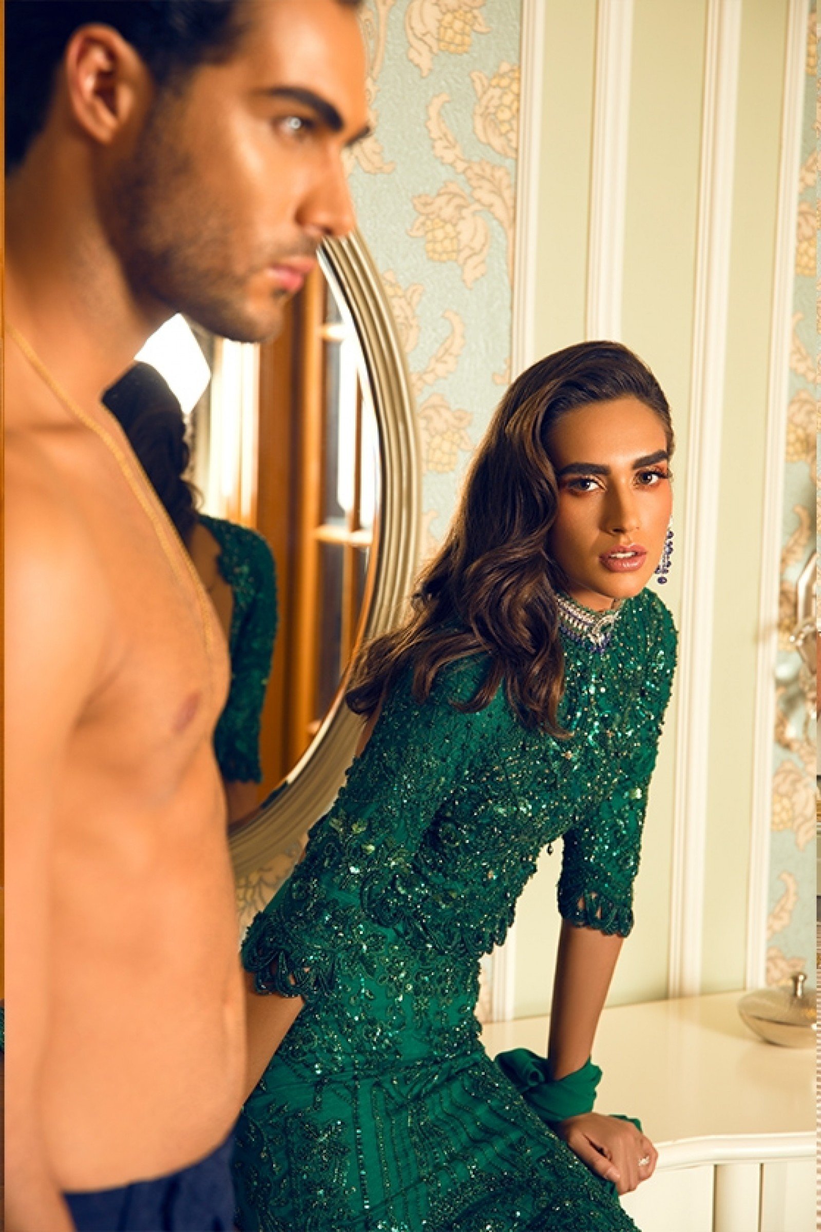 Pakistani Emerald Hand-Embellished Silk-Blend Top & Skirt (2-Piece) - Image 1