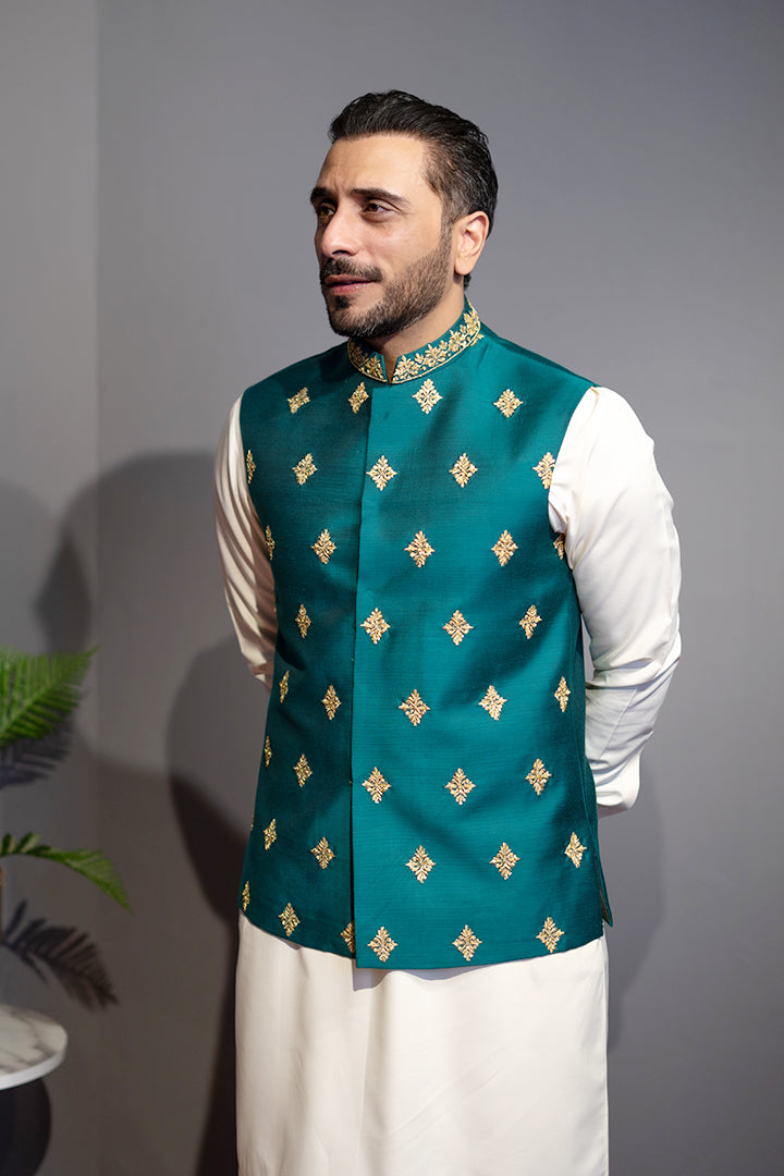 Teal Green Hand-Embroidered Cotton Silk Waistcoat (2-Piece) - Image 2