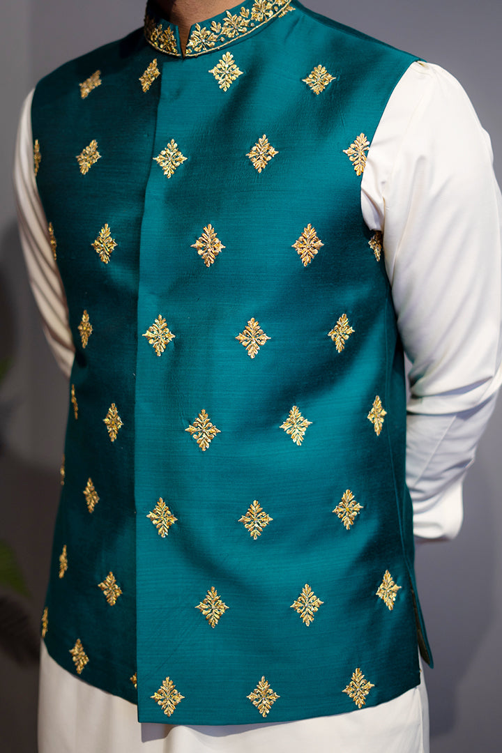 Teal Green Hand-Embroidered Cotton Silk Waistcoat (2-Piece) - Image 3