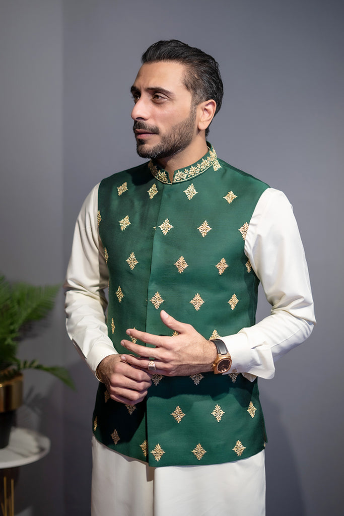 Dark Green Hand-Embroidered Cotton Silk Waistcoat (3-Piece) - Image 1