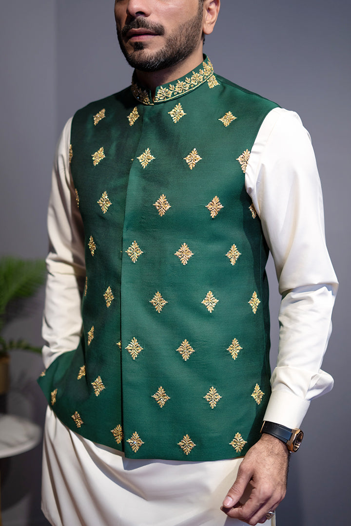 Dark Green Hand-Embroidered Cotton Silk Waistcoat (3-Piece) - Image 3