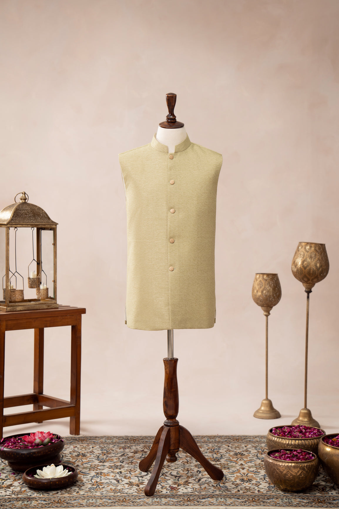 Mint Jamawar Mandarin Collar Waistcoat (1-Pc) - Image 10
