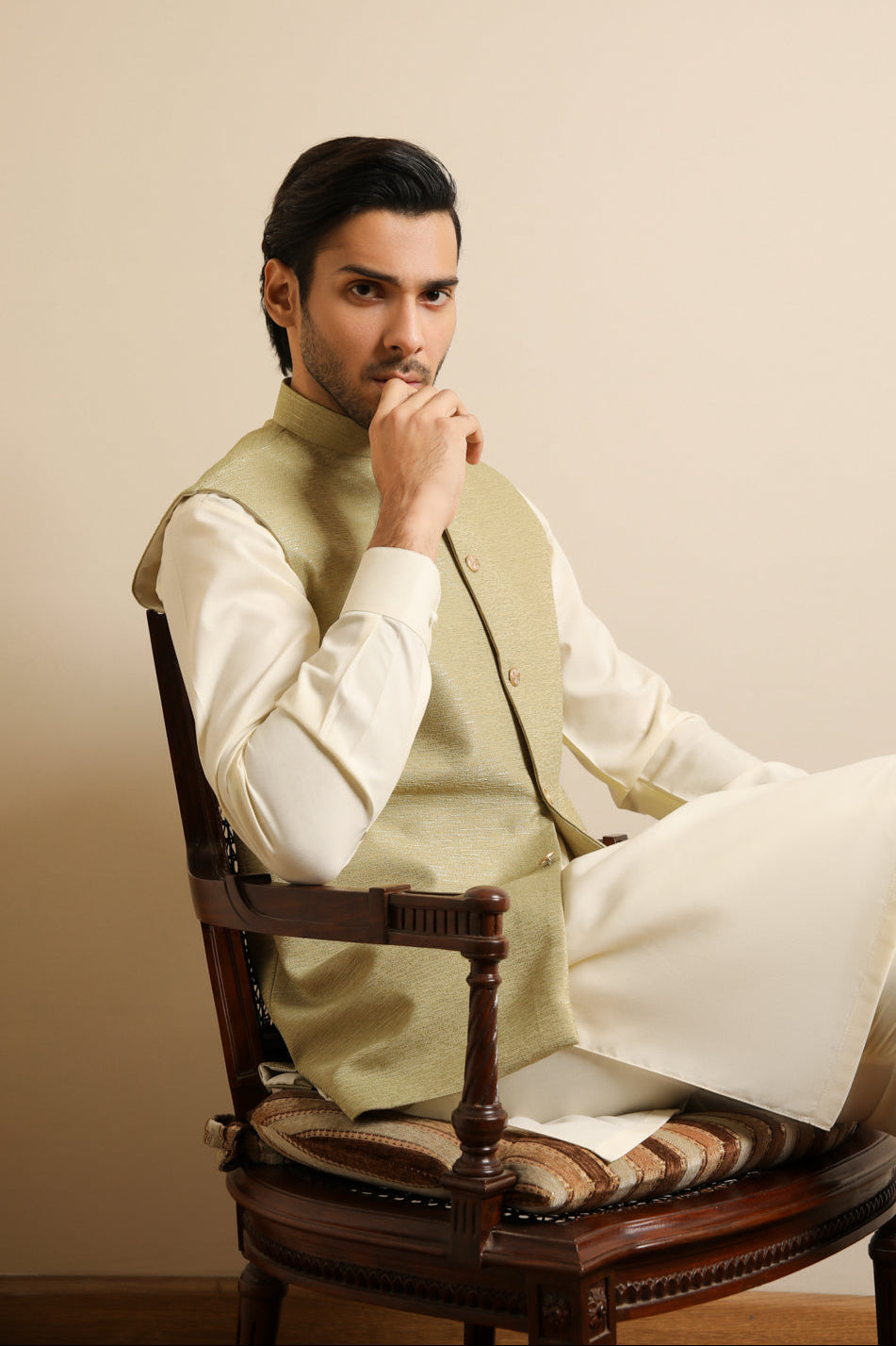 Mint Jamawar Mandarin Collar Waistcoat (1-Pc) - Image 2