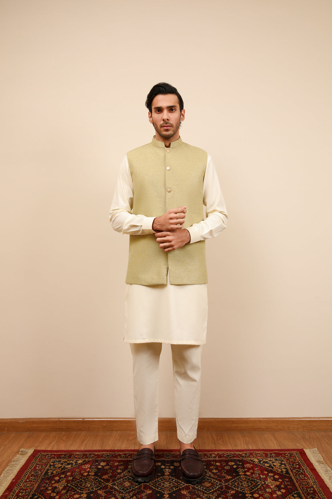 Mint Jamawar Mandarin Collar Waistcoat (1-Pc) - Image 3