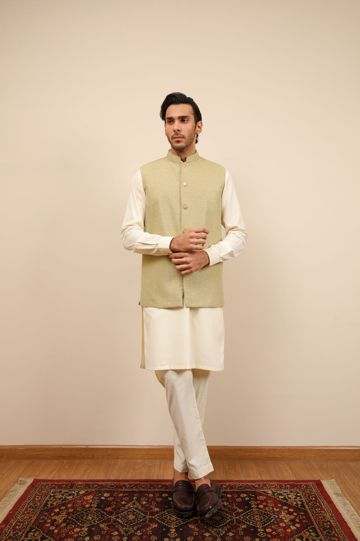 Mint Jamawar Mandarin Collar Waistcoat (1-Pc) - Image 4