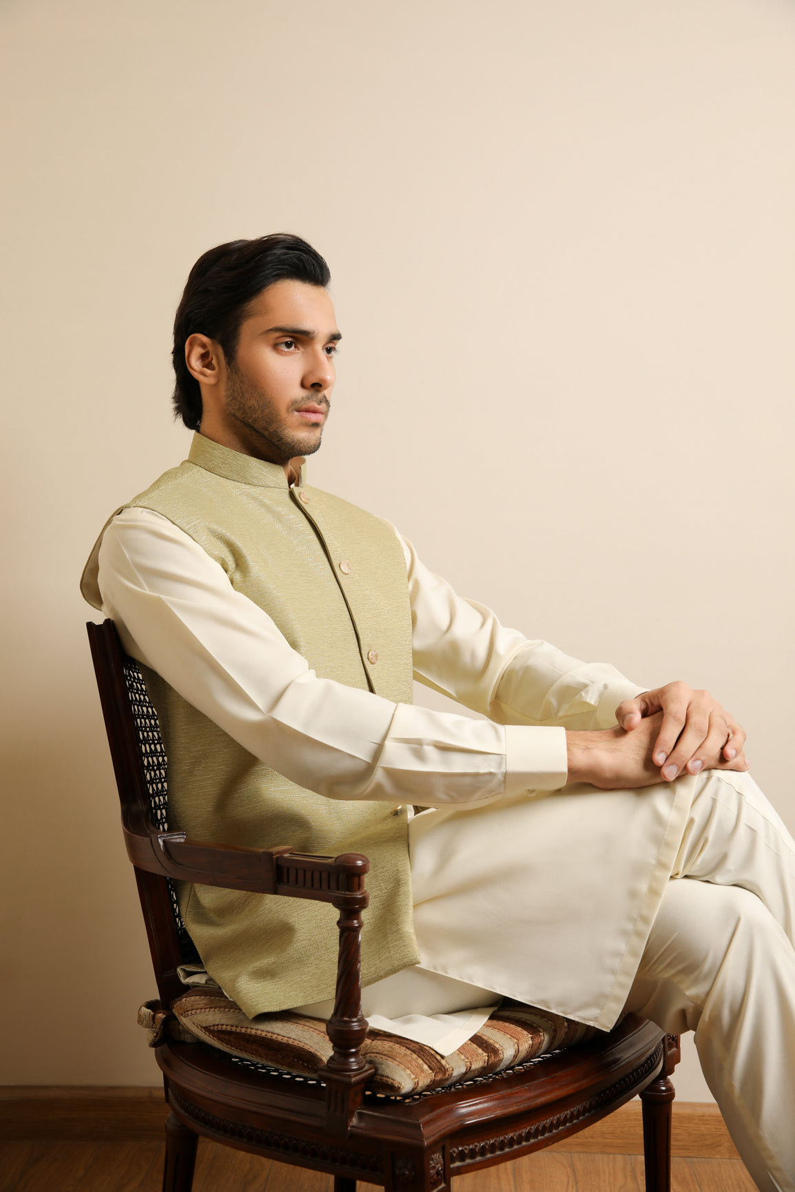 Mint Jamawar Mandarin Collar Waistcoat (1-Pc) - Image 9