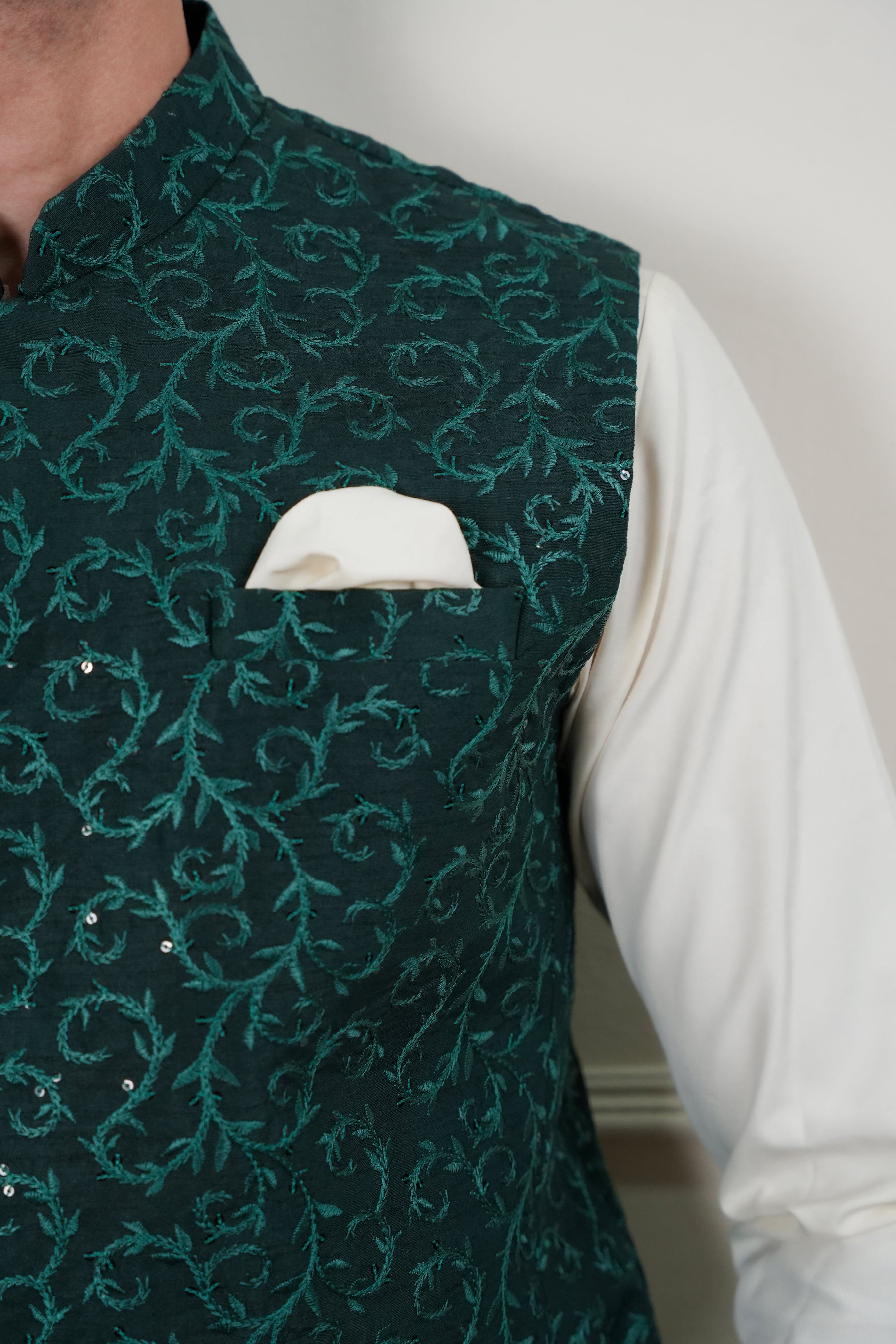 Green Sequin Embroidered Waistcoat Kurta Set (3-Piece) - Image 5