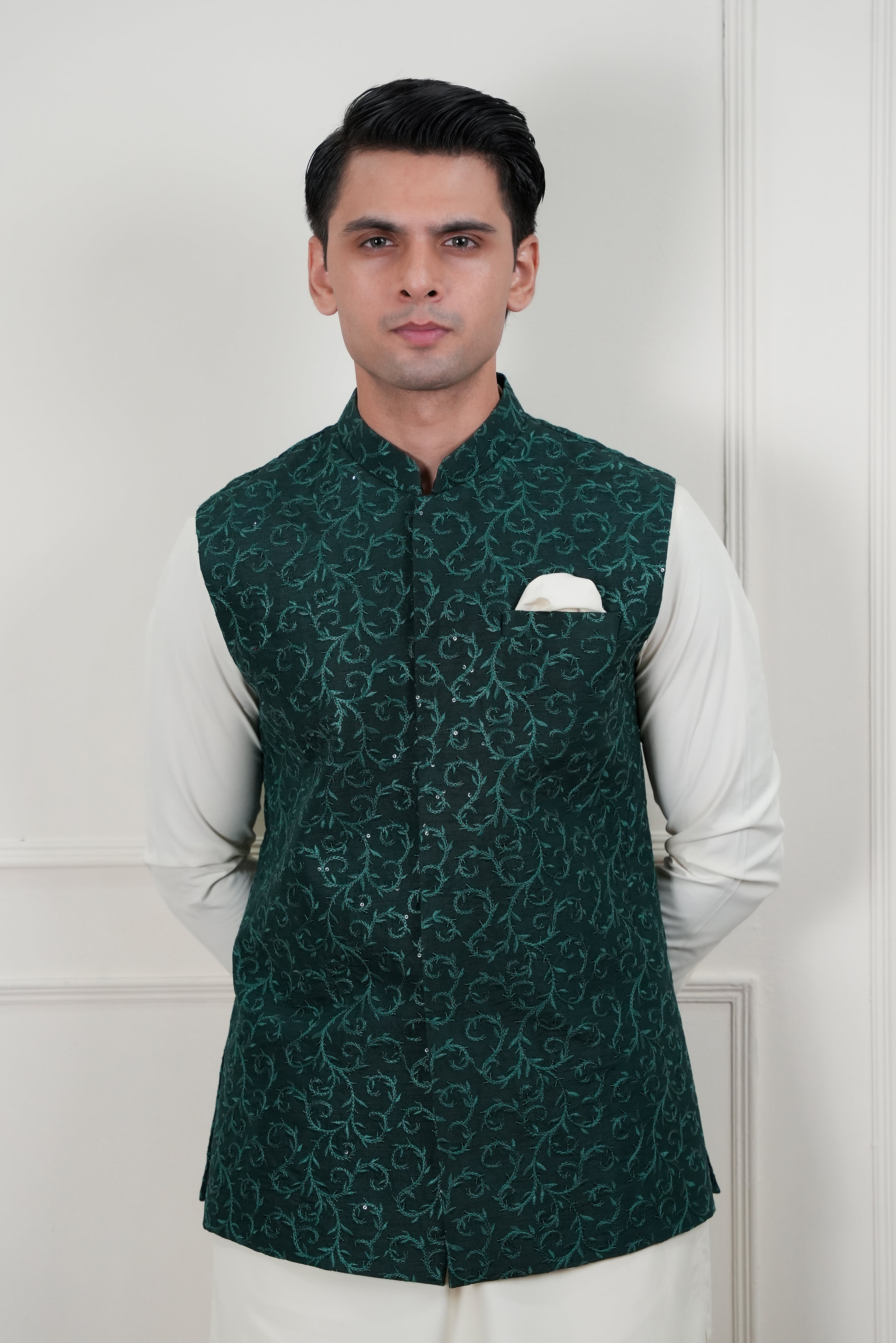 Green Sequin Embroidered Waistcoat Kurta Set (3-Piece) - Image 7