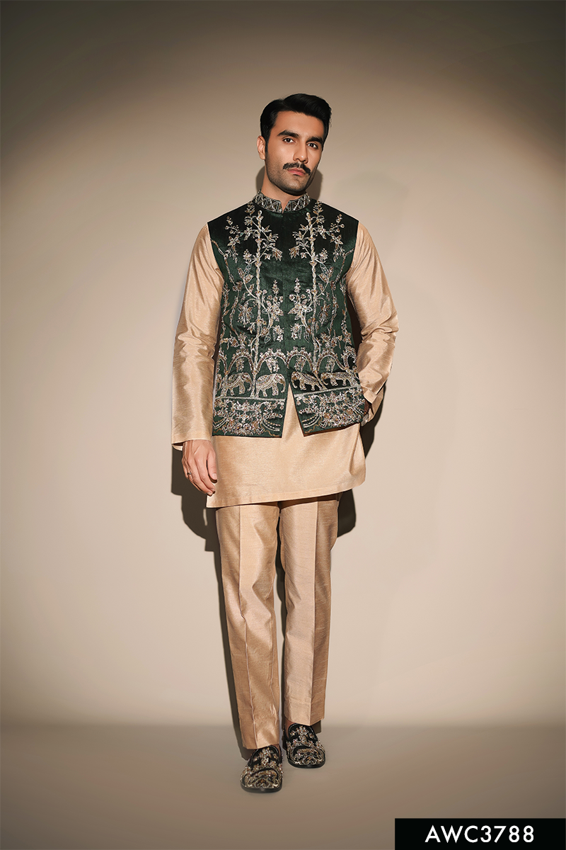 Emerald Green Embroidered Brocade Waistcoat Kurta (3-Piece) - Image 1