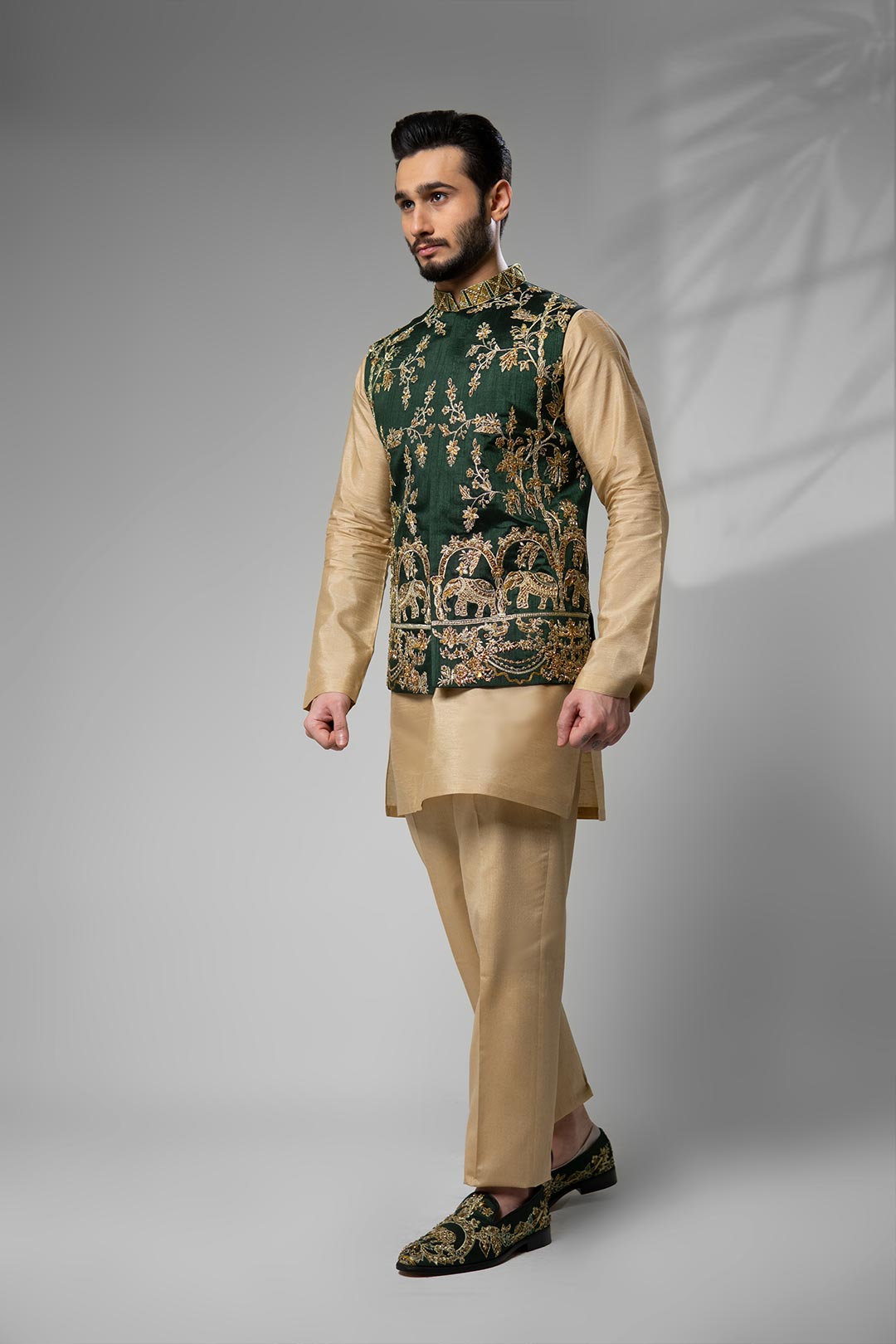 Emerald Green Embroidered Brocade Waistcoat Kurta (3-Piece) - Image 7