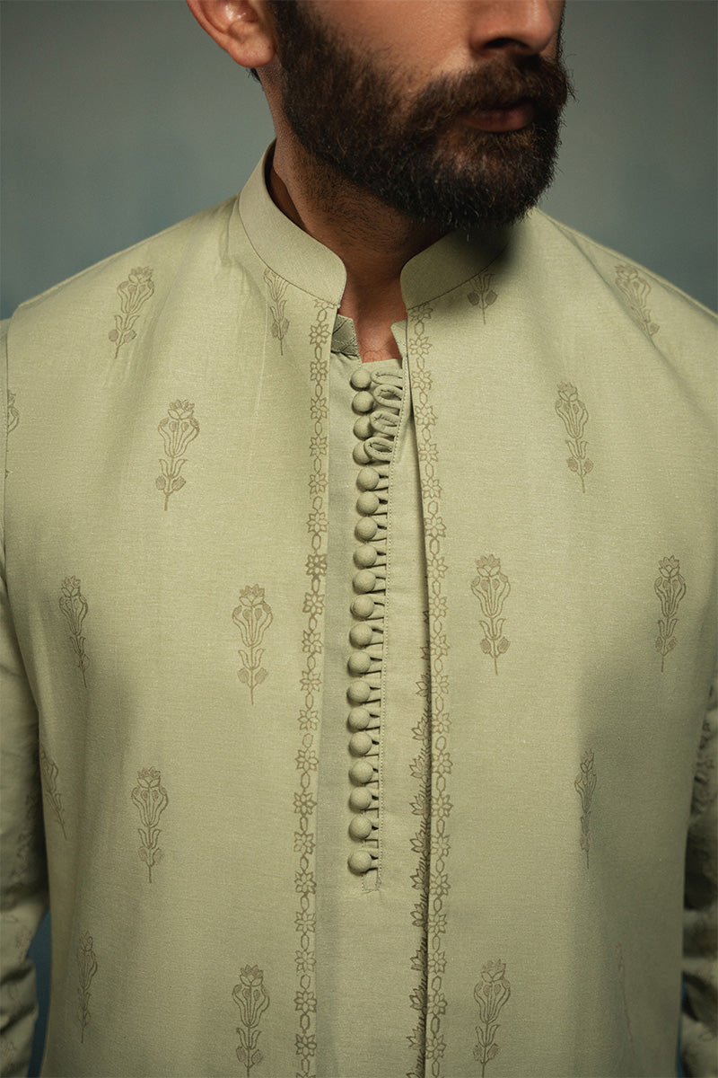 Light Green Block-Printed Cotton-Silk Waistcoat Kurta (3-Piece) - Image 2