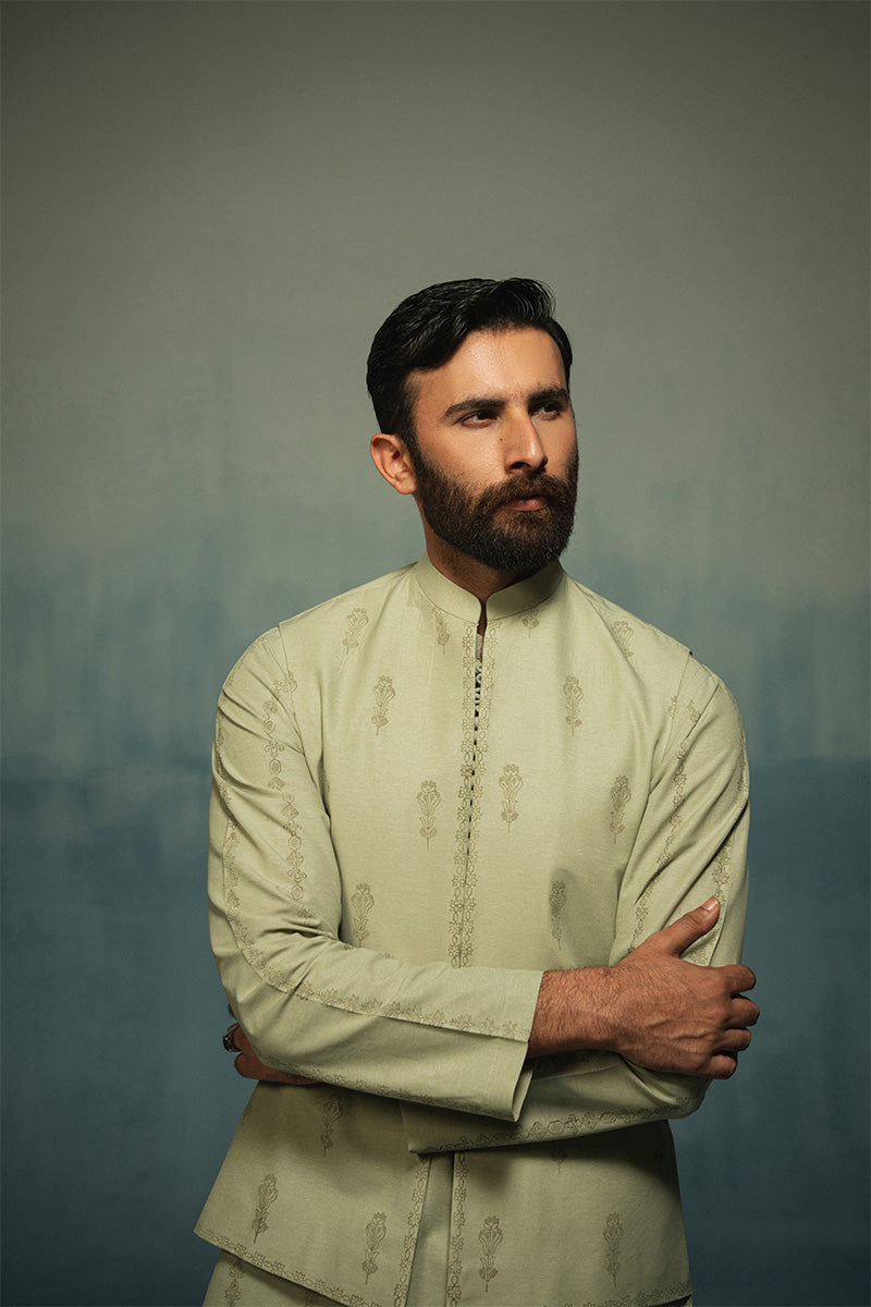 Light Green Block-Printed Cotton-Silk Waistcoat Kurta (3-Piece) - Image 3