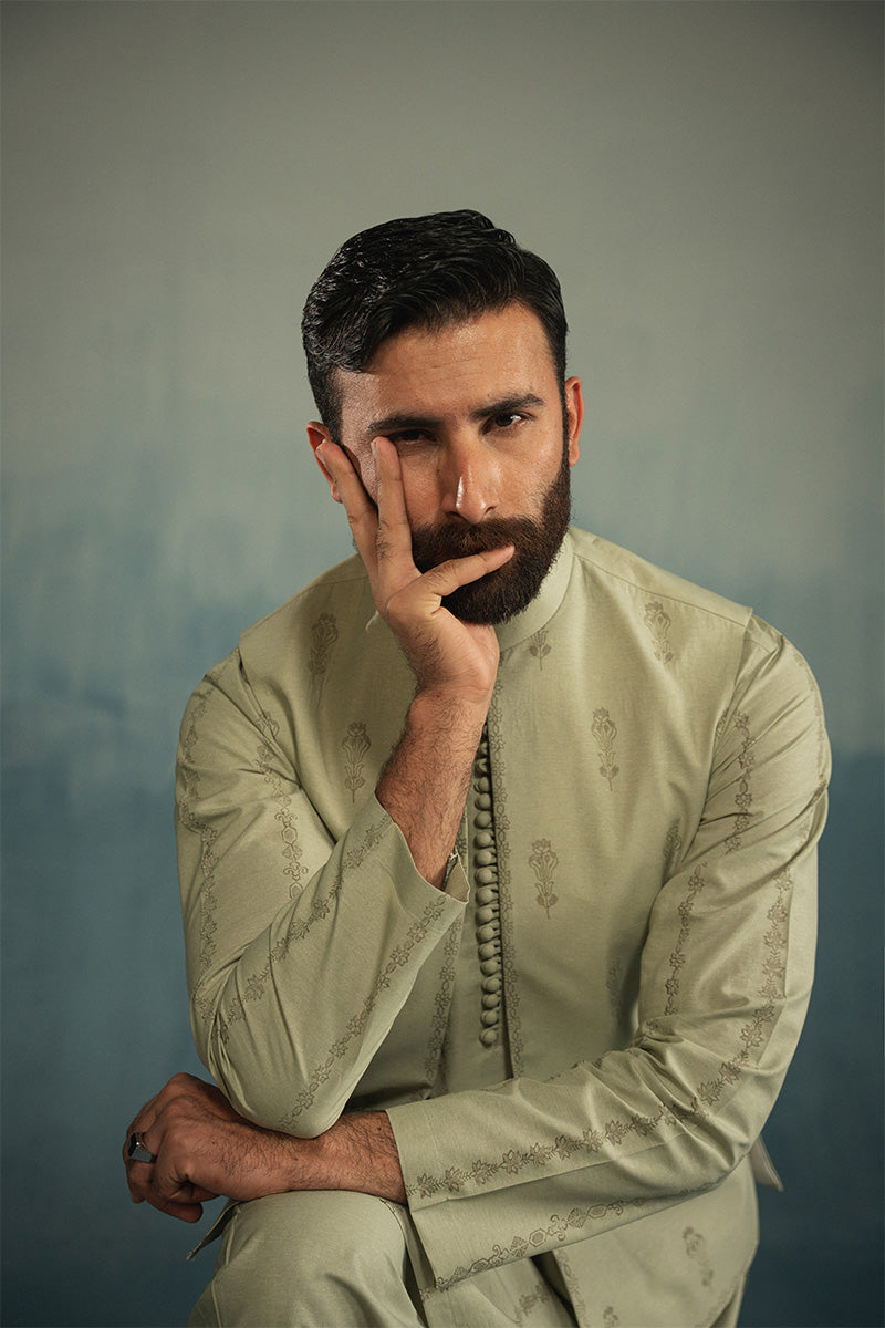 Light Green Block-Printed Cotton-Silk Waistcoat Kurta (3-Piece) - Image 5