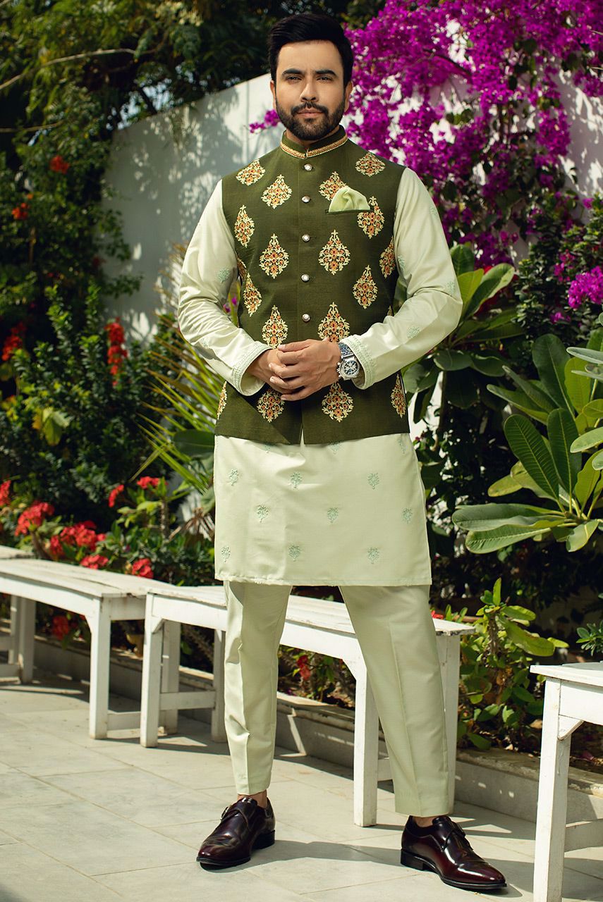 Pastel Green Embroidered Cotton Silk Waistcoat Kurta (3-Piece) - Image 1