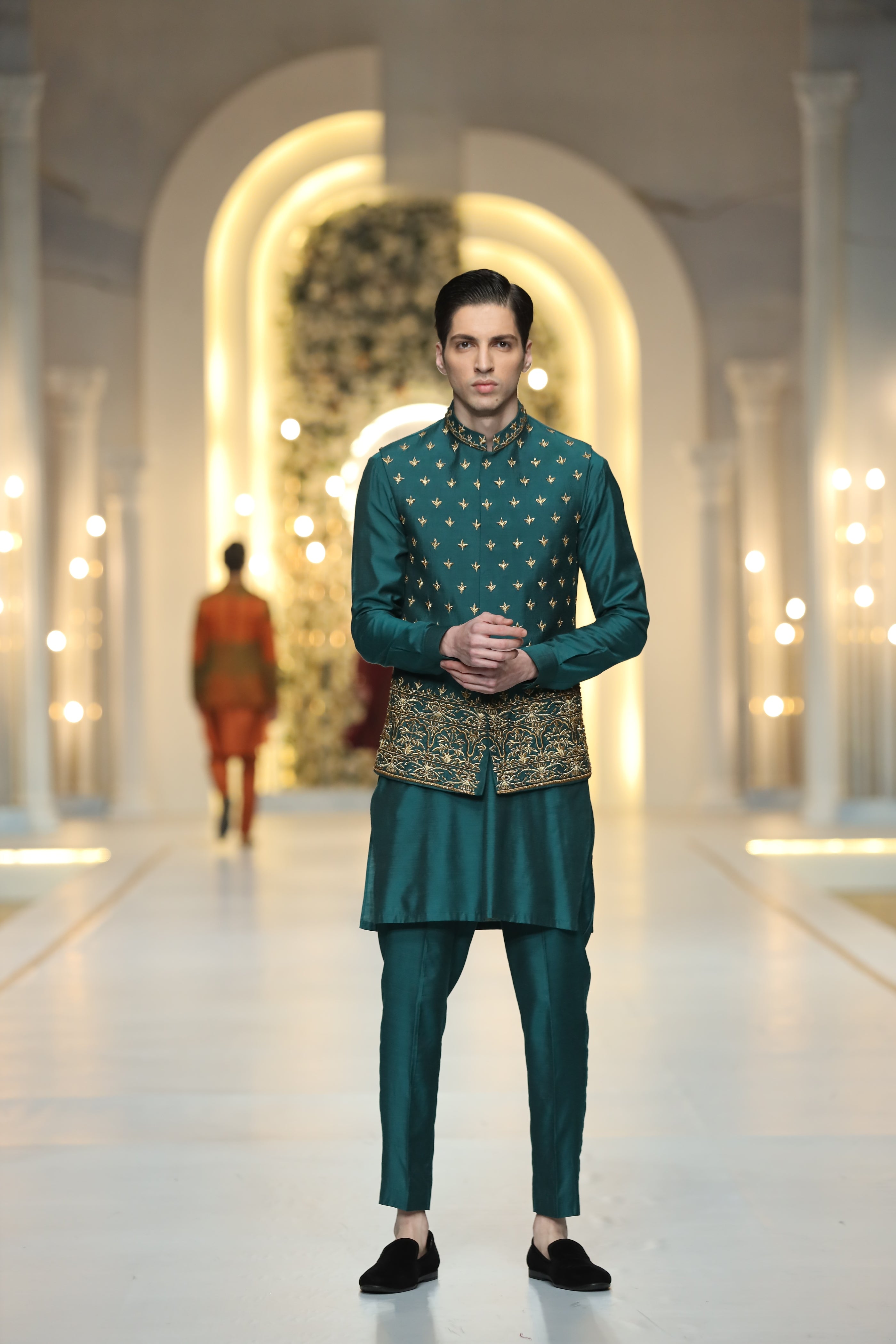 Teal Green Hand-Embroidered Cotton Silk Waistcoat (3-Piece) - Image 2