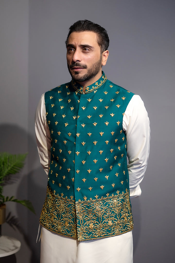 Teal Green Hand-Embroidered Cotton Silk Waistcoat (3-Piece) - Image 3