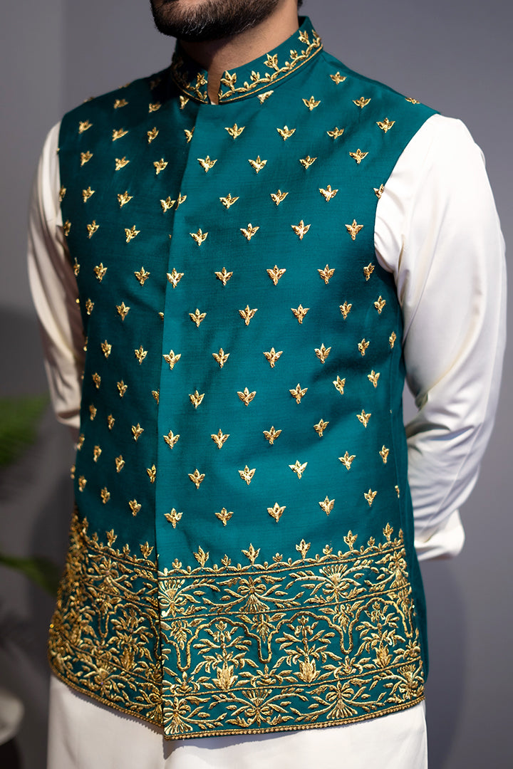 Teal Green Hand-Embroidered Cotton Silk Waistcoat (3-Piece) - Image 4