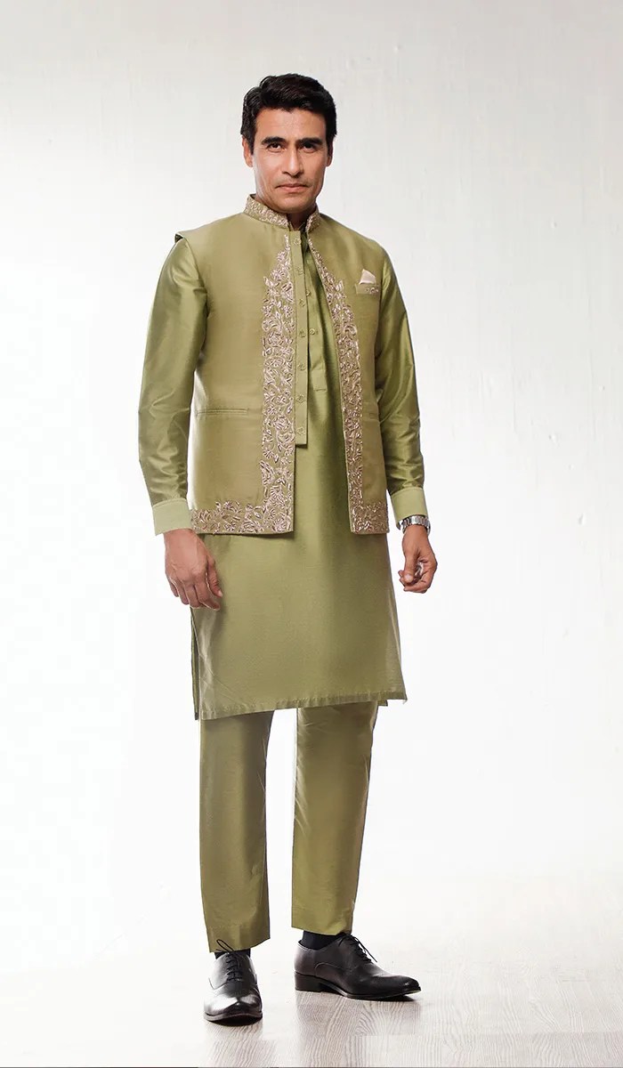 Moss Green Embroidered Cotton Silk Waistcoat Kurta (3-Piece) - Image 1