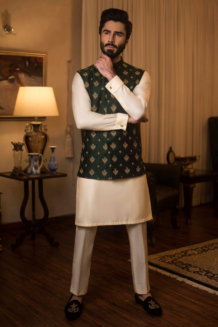 Dark Green Gold Motif Cotton Silk Waistcoat Kurta (3-Piece) - Image 2
