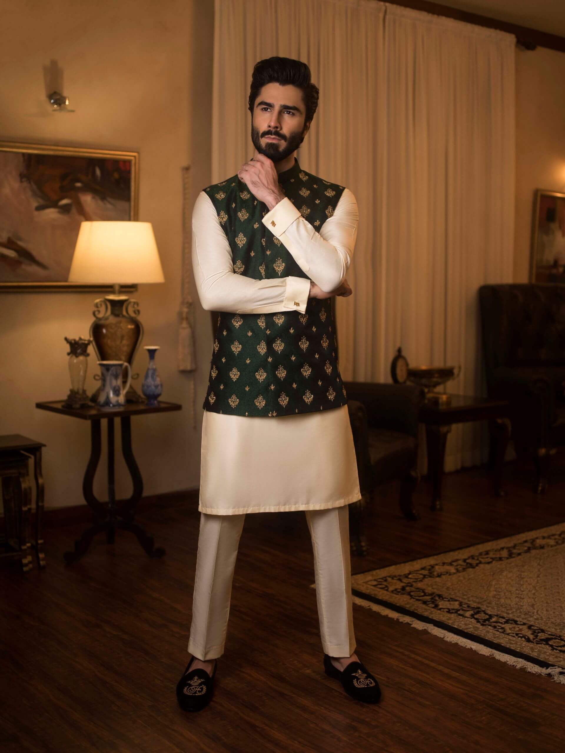 Dark Green Gold Motif Cotton Silk Waistcoat Kurta (3-Piece) - Image 4