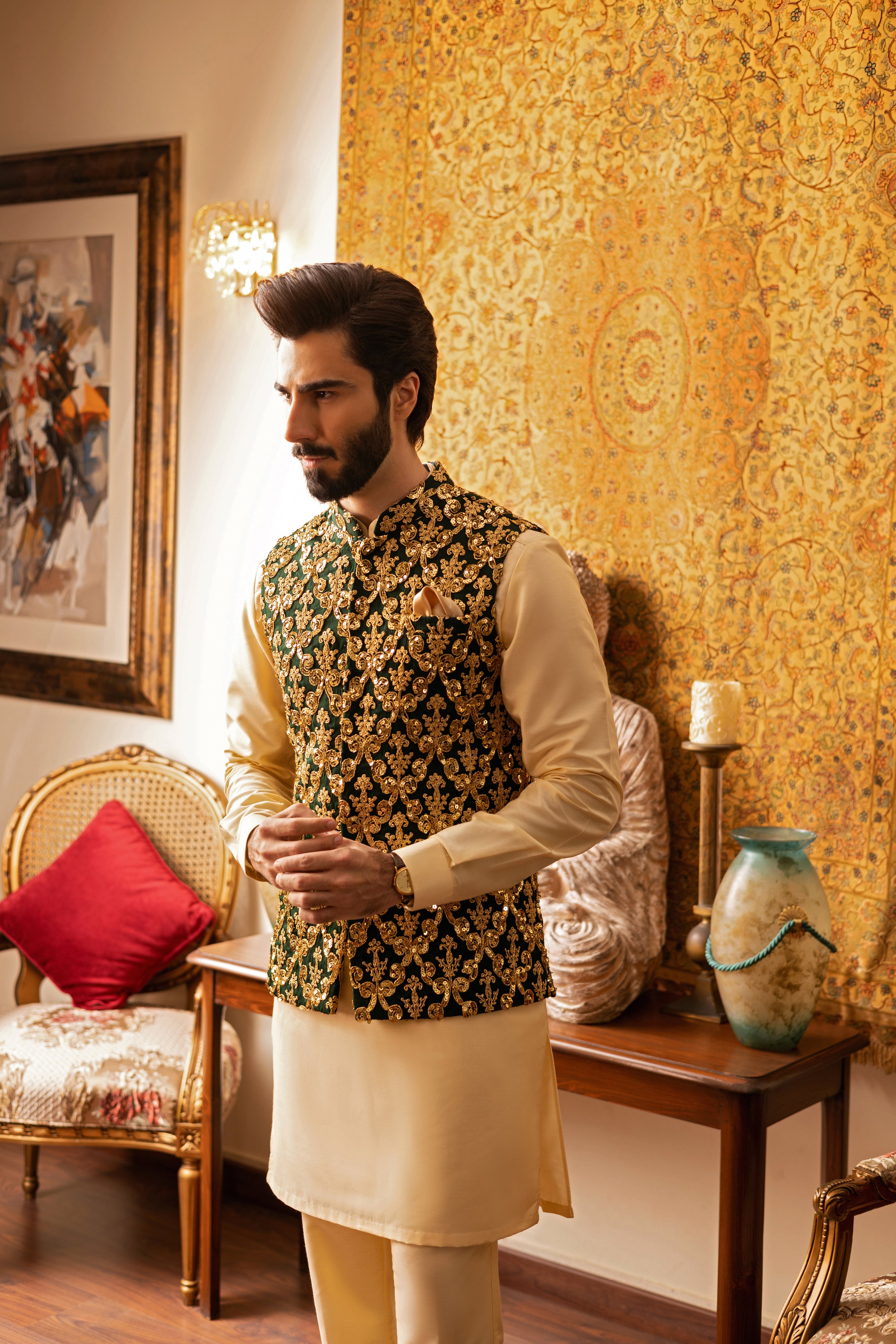 Green Gold Embossed Fabric Waistcoat (3-Piece) - Image 3