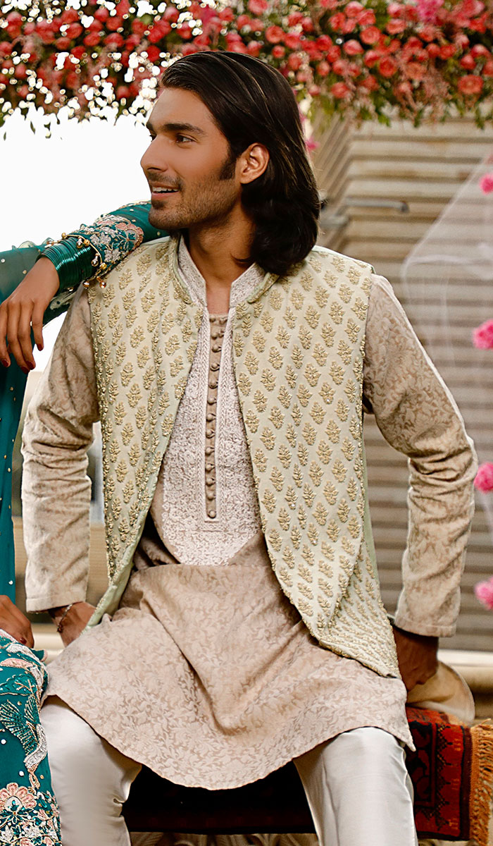 Tea Green Embroidered Waistcoat Kurta Set (3-Piece) - Image 1