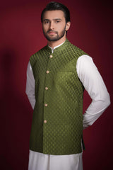Olive Green Embroidered Suiting Waistcoat Kurta Set (3-Piece) - Image 6