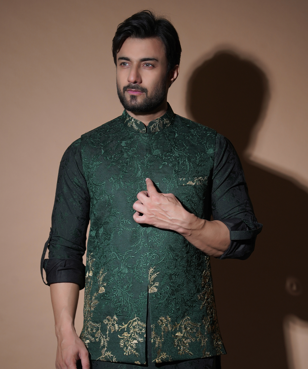 Emerald Green Resham & Gold Tilla Waistcoat Set (3-Piece) - Image 1