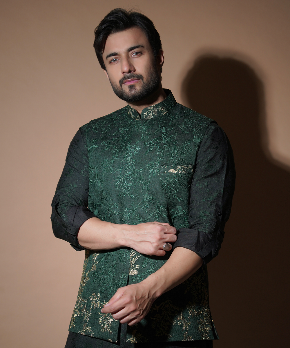 Emerald Green Resham & Gold Tilla Waistcoat Set (3-Piece) - Image 2