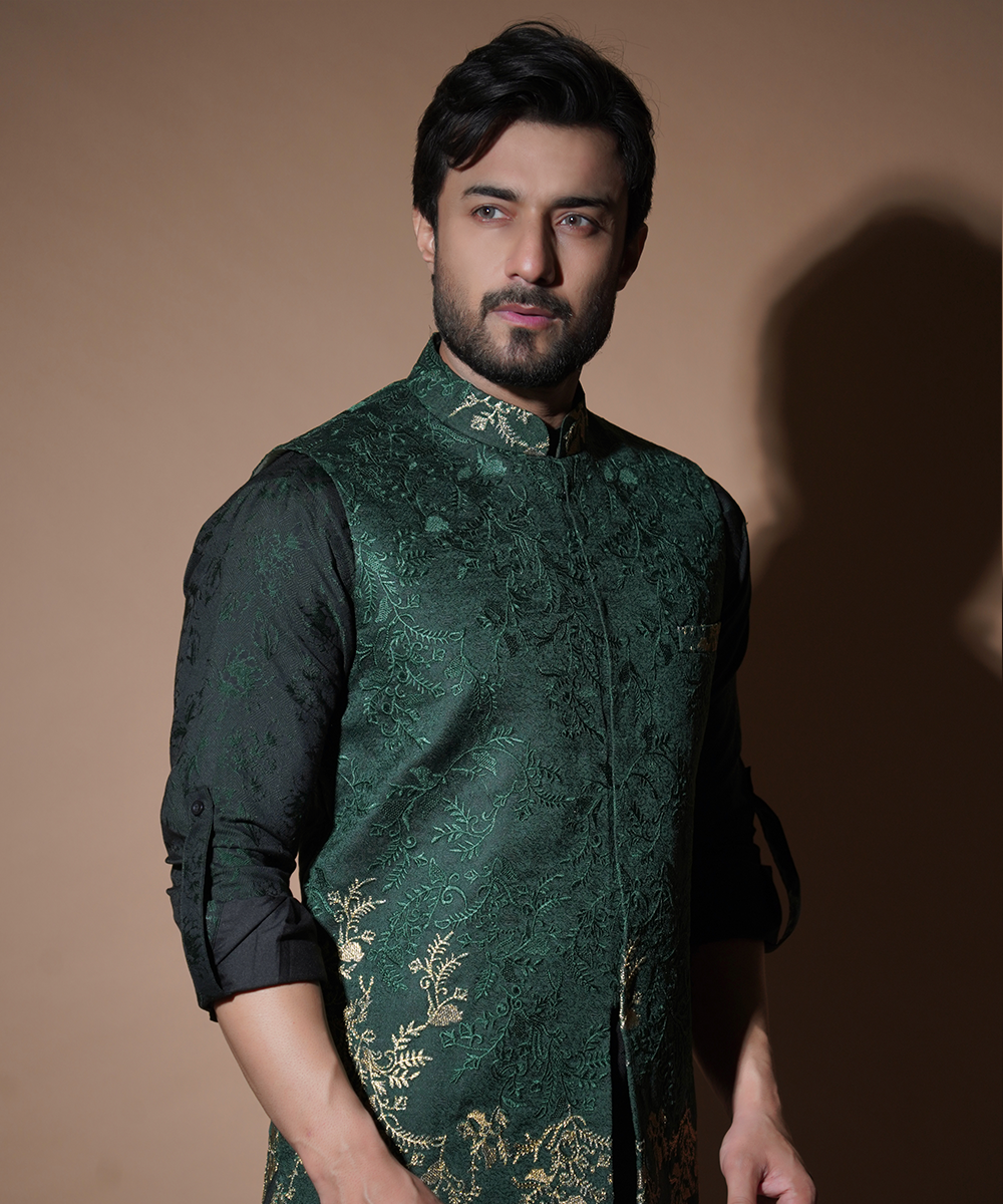 Emerald Green Resham & Gold Tilla Waistcoat Set (3-Piece) - Image 4