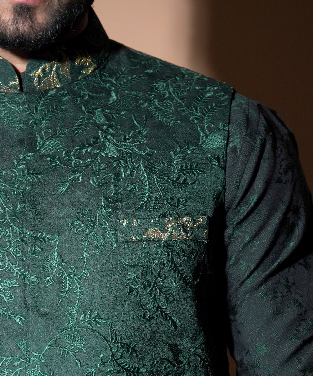 Emerald Green Resham & Gold Tilla Waistcoat Set (3-Piece) - Image 5