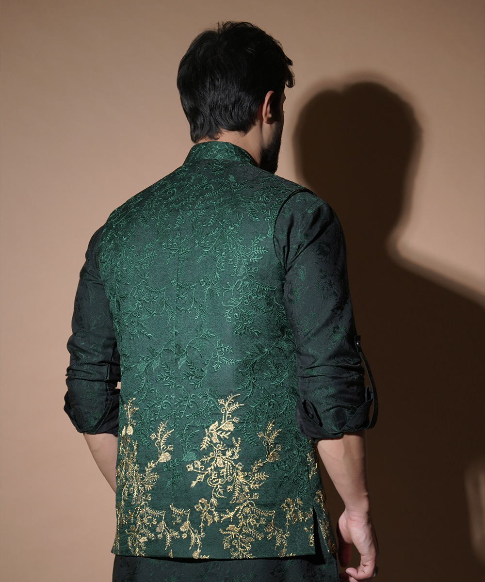 Emerald Green Resham & Gold Tilla Waistcoat Set (3-Piece) - Image 6
