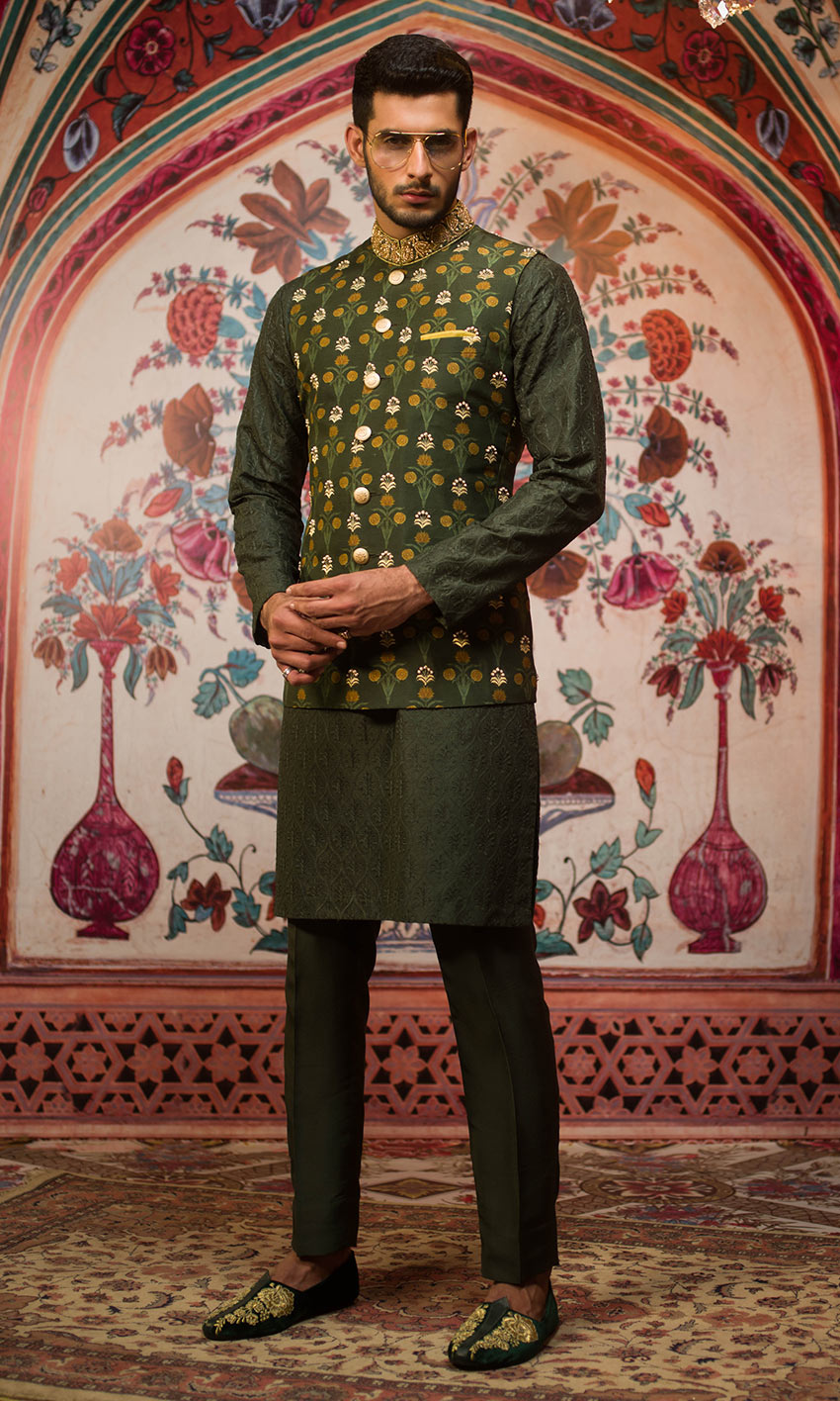 Deep Green Embroidered Jacquard Waistcoat Kurta (3-Piece) - Image 1