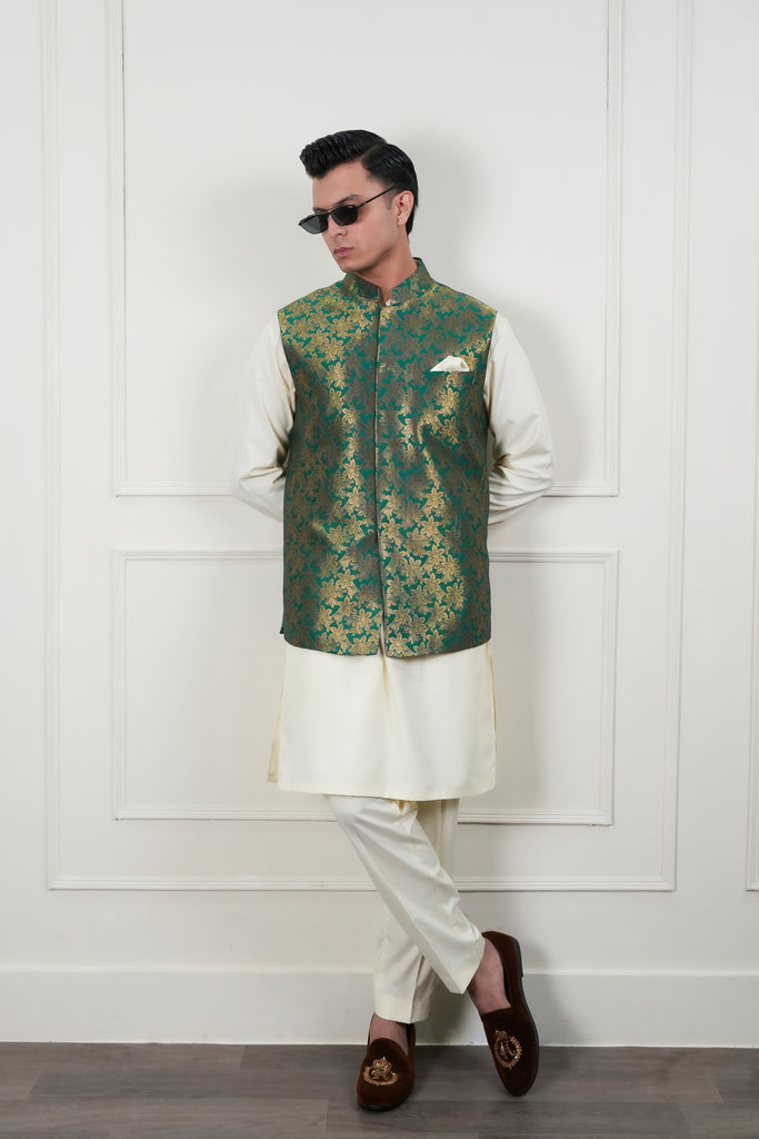 Green Multi-Colour Jamawar Waistcoat Kurta (3-Piece) - Image 1