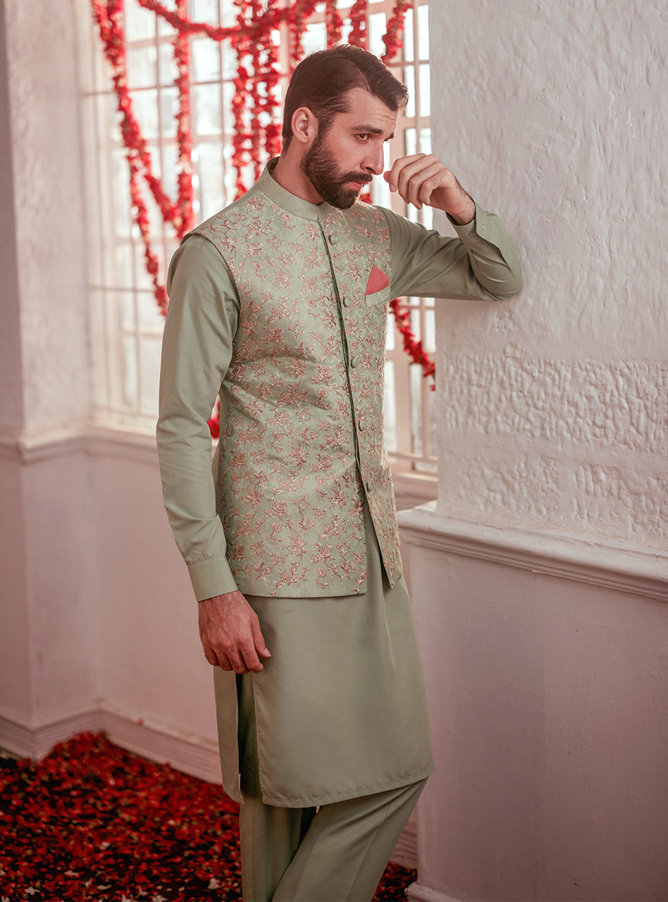 Mint Green Embroidered Self Jamawar Waistcoat Kurta (3-Piece) - Image 2