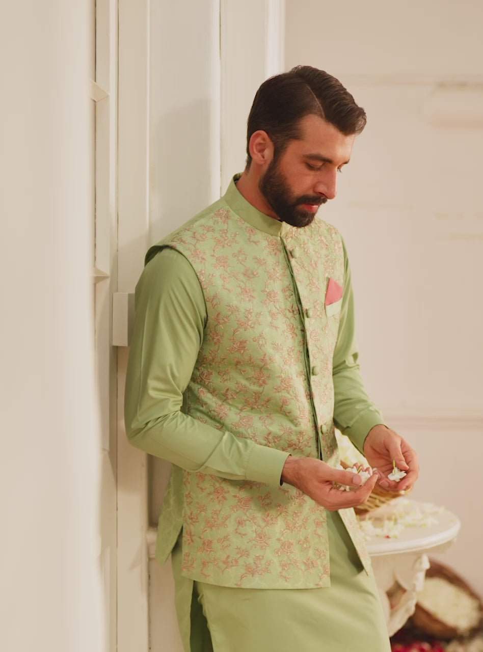 Mint Green Embroidered Jamawar Waistcoat Kurta (3-Piece) - Image 5