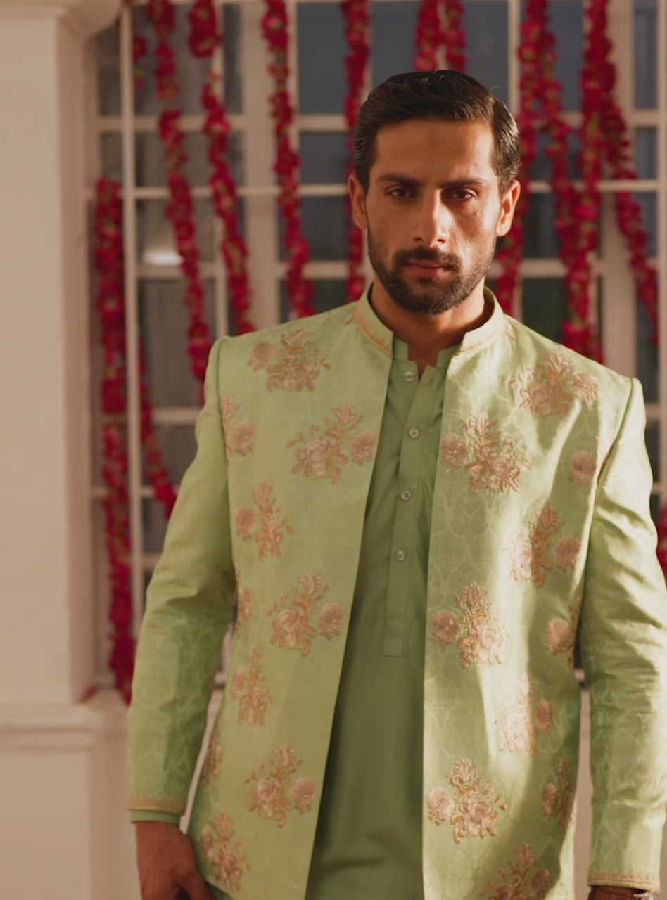 Mint Ivory Embroidered Jamawar Waistcoat Kurta (3-Piece) - Image 7