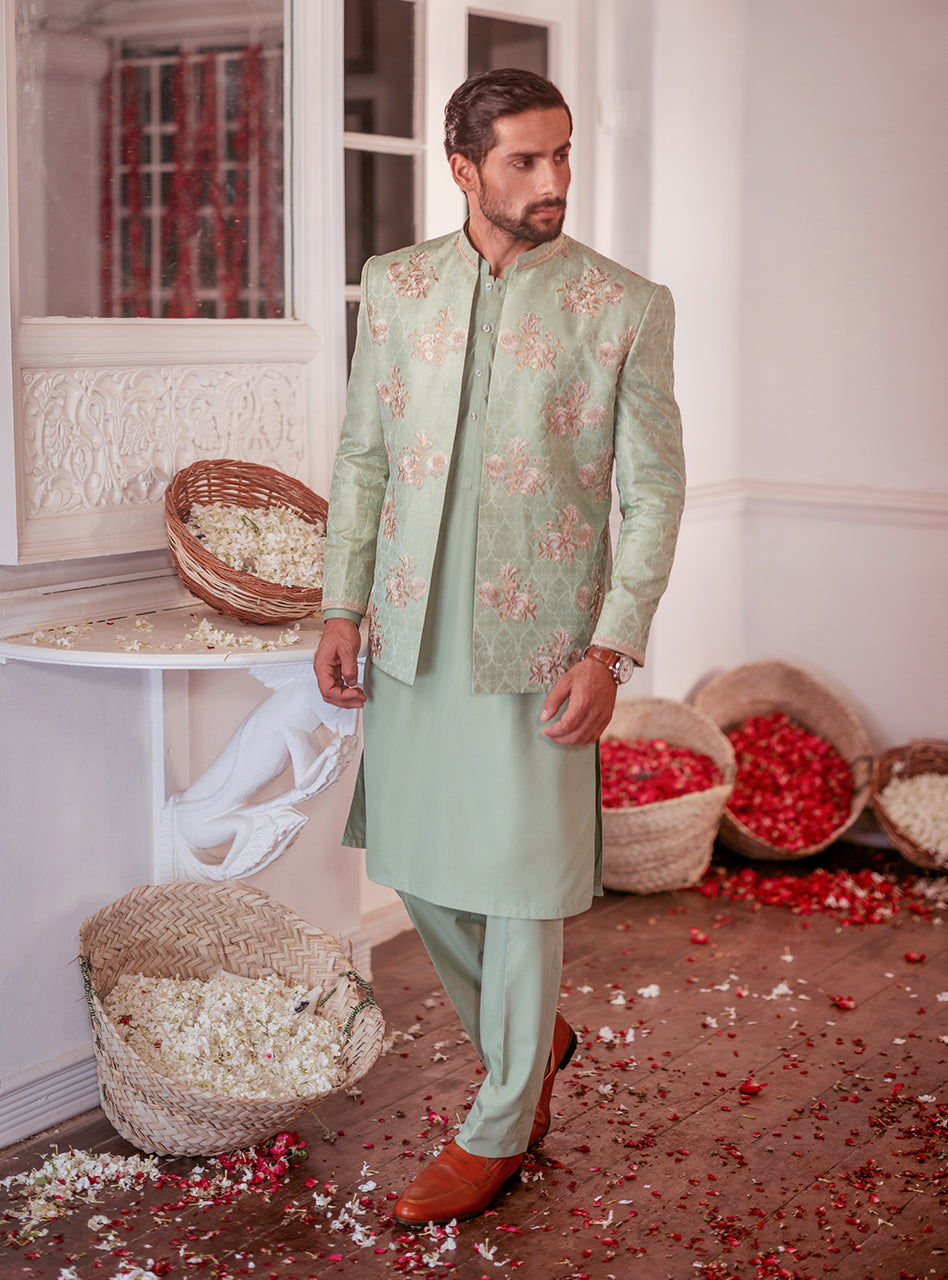 Mint Ivory Embroidered Self Jamawar Waistcoat Kurta (3-Piece) - Image 1