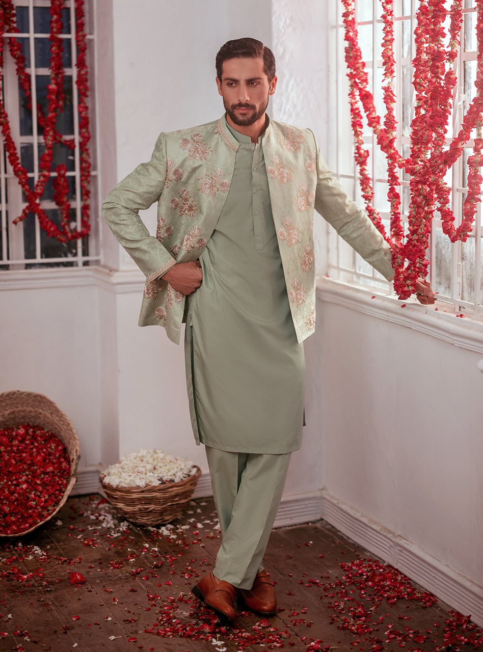 Mint Ivory Embroidered Self Jamawar Waistcoat Kurta (3-Piece) - Image 2