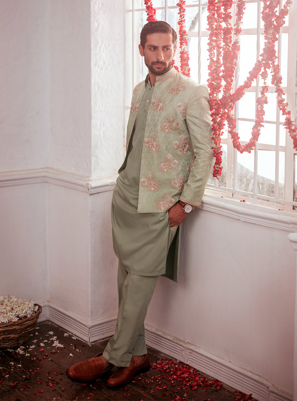 Mint Ivory Embroidered Self Jamawar Waistcoat Kurta (3-Piece) - Image 3
