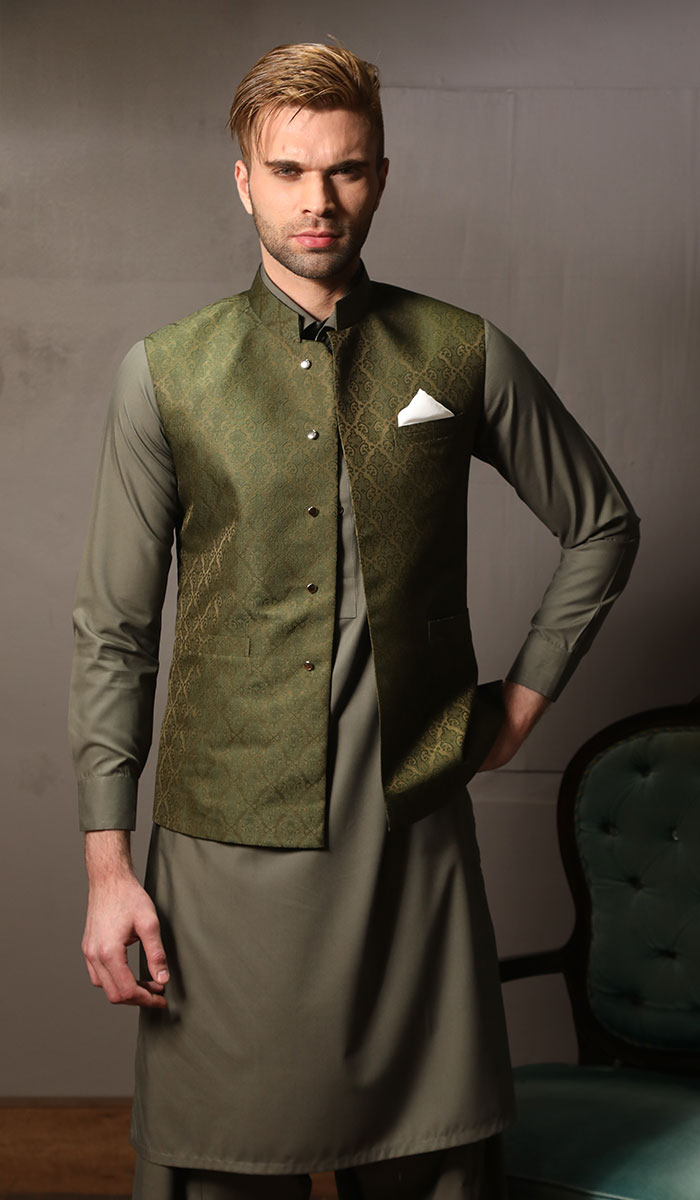 Army Green Woven Jamawar Waistcoat (3-Piece) - Image 1