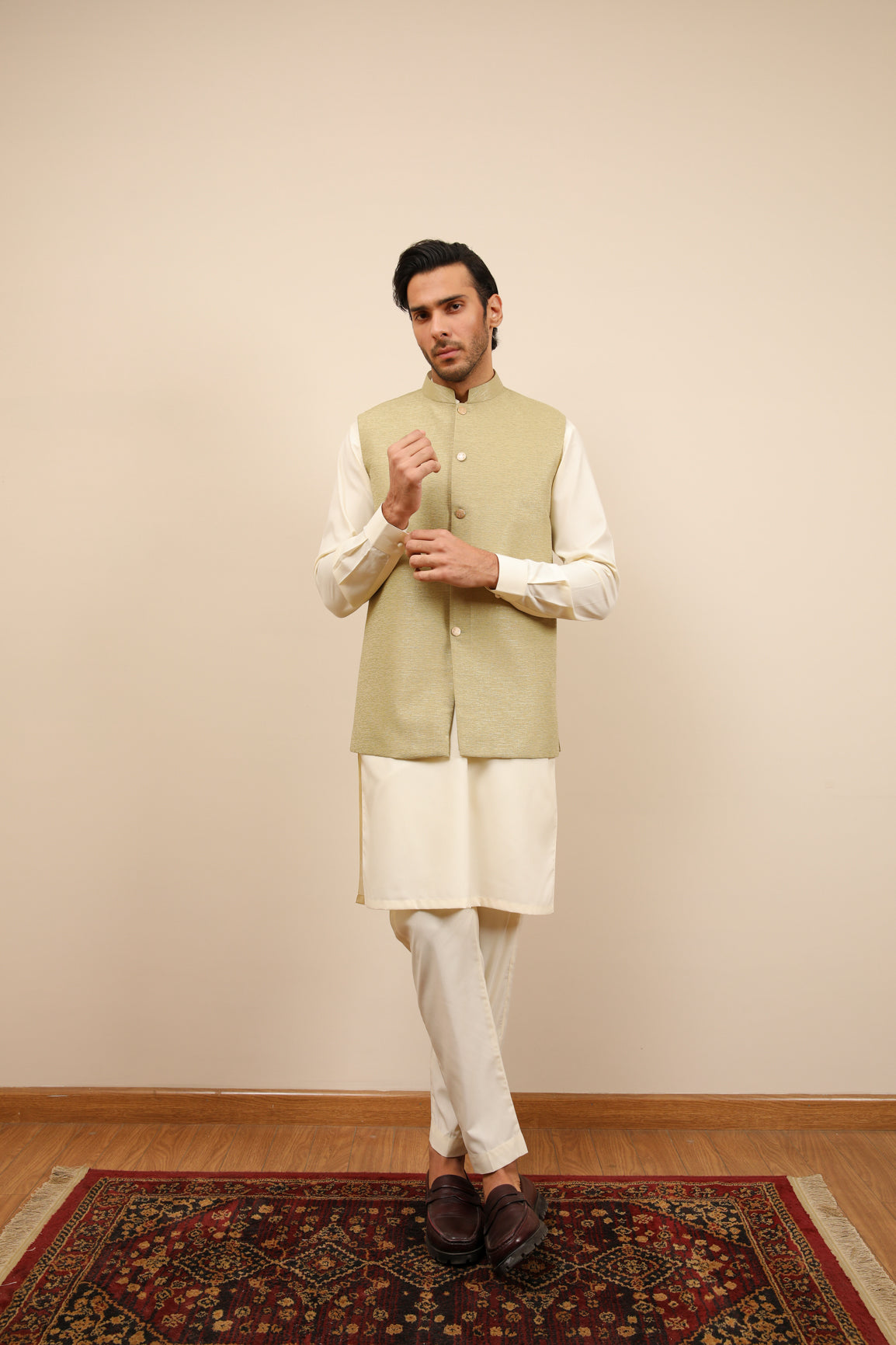 Mint Jamawar Mandarin Collar Waistcoat (3-Piece) - Image 5