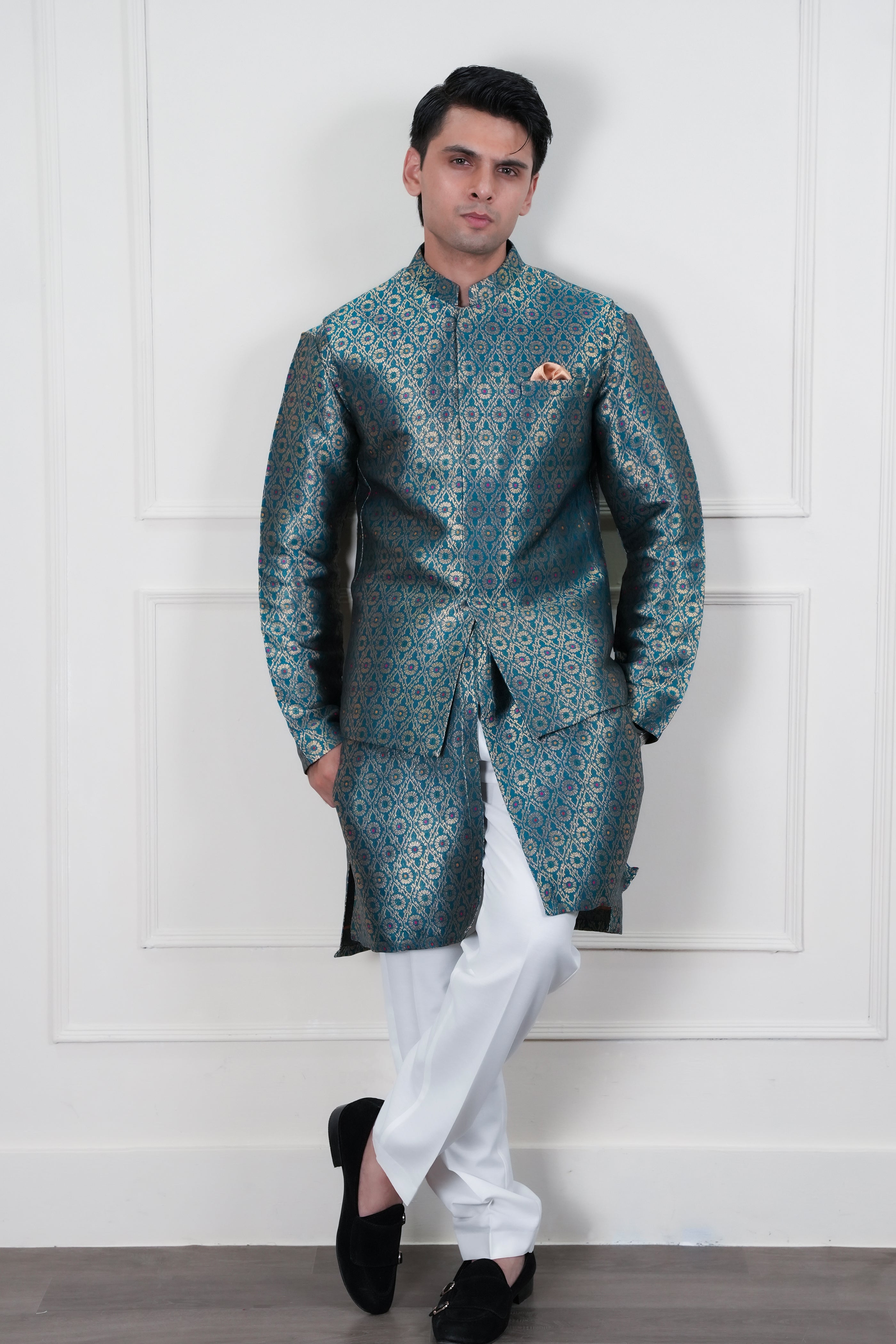Teal Green Woven Jamawar Waistcoat Kurta (2-Piece) - Image 2