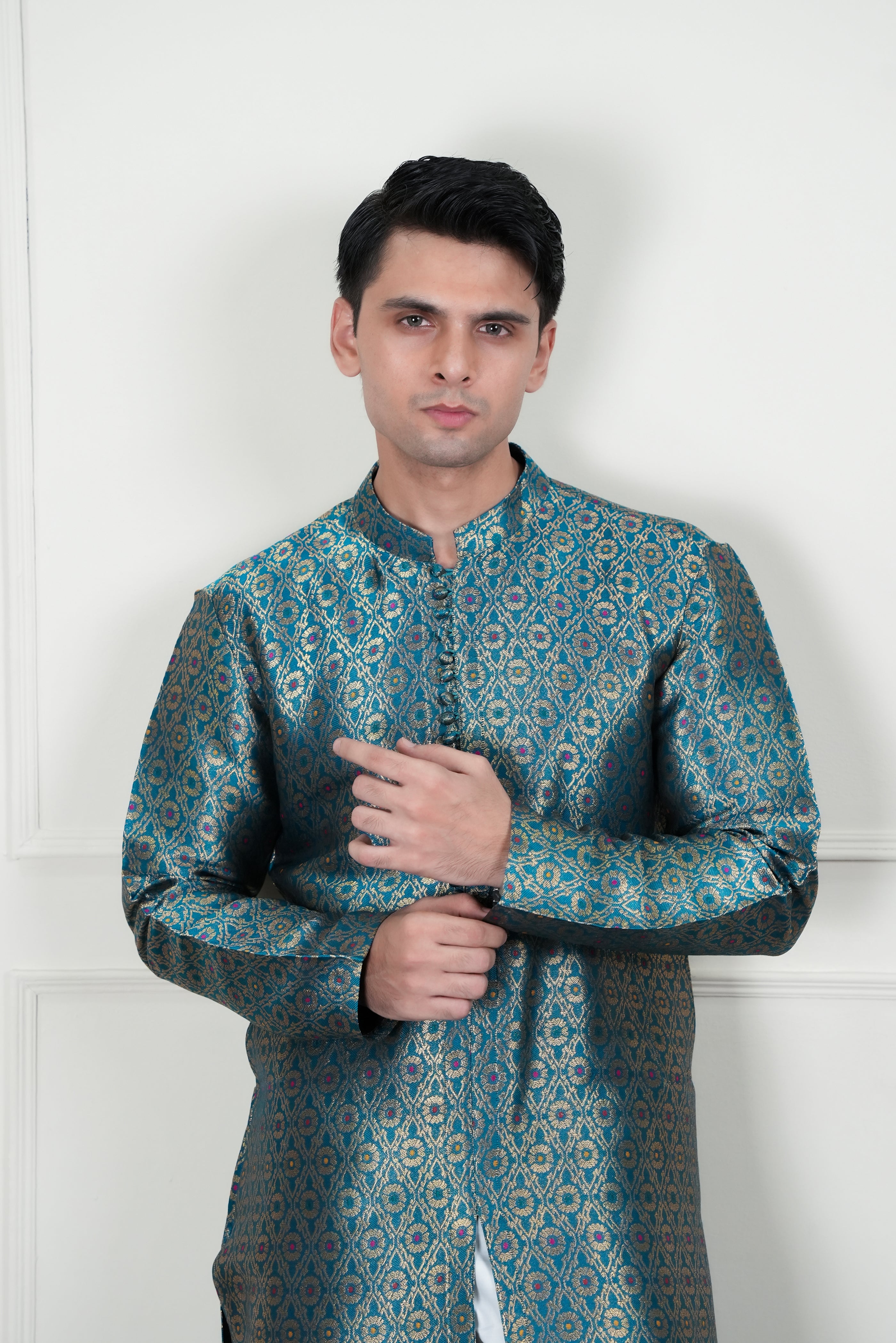 Teal Green Woven Jamawar Waistcoat Kurta (2-Piece) - Image 3