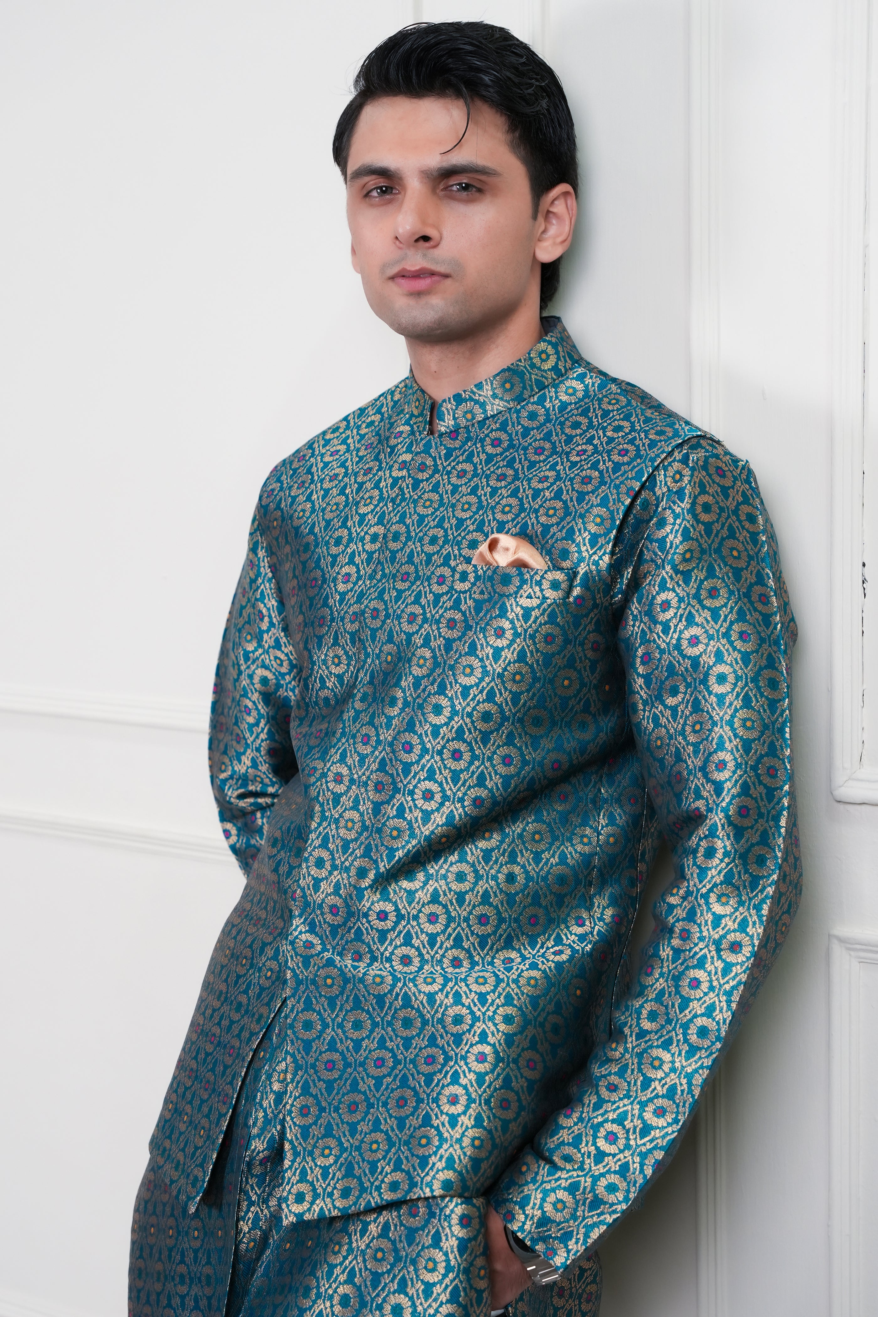 Teal Green Woven Jamawar Waistcoat Kurta (2-Piece) - Image 4