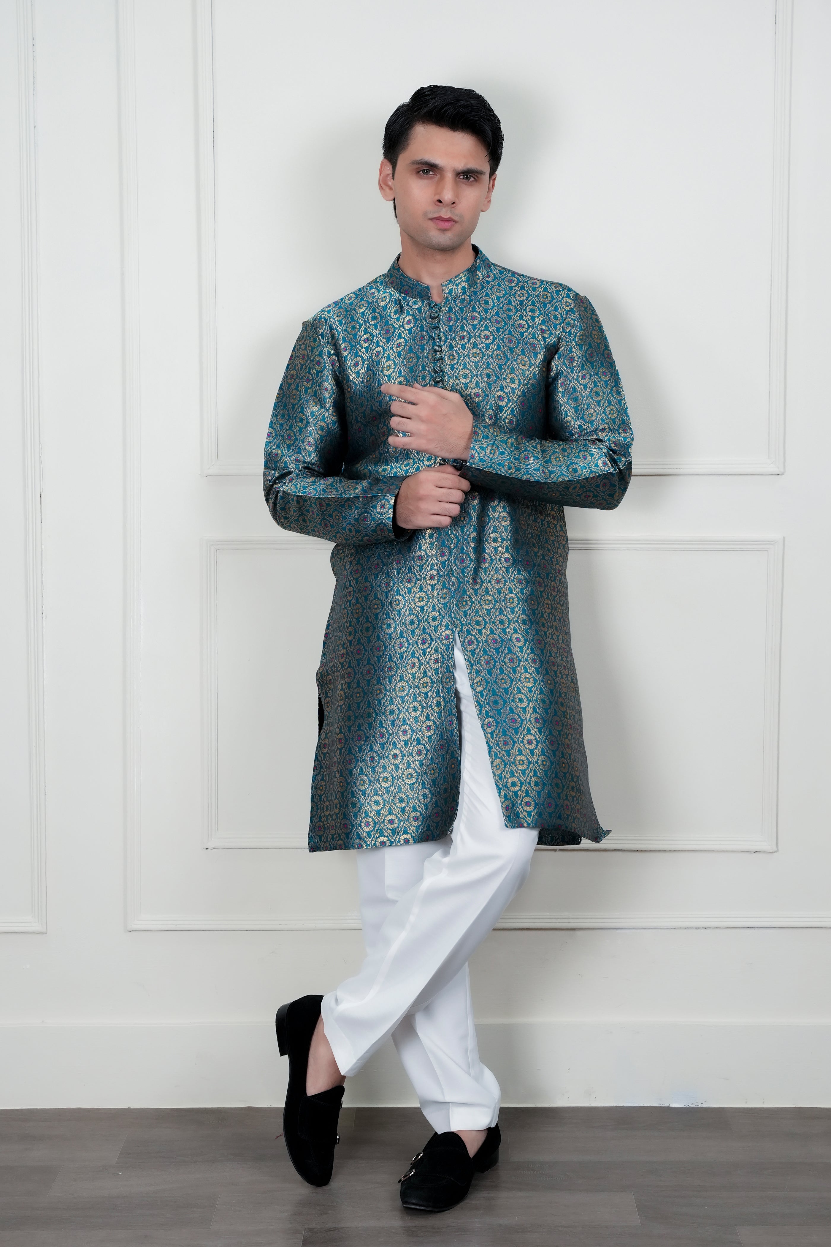 Teal Green Woven Jamawar Waistcoat Kurta (2-Piece) - Image 5