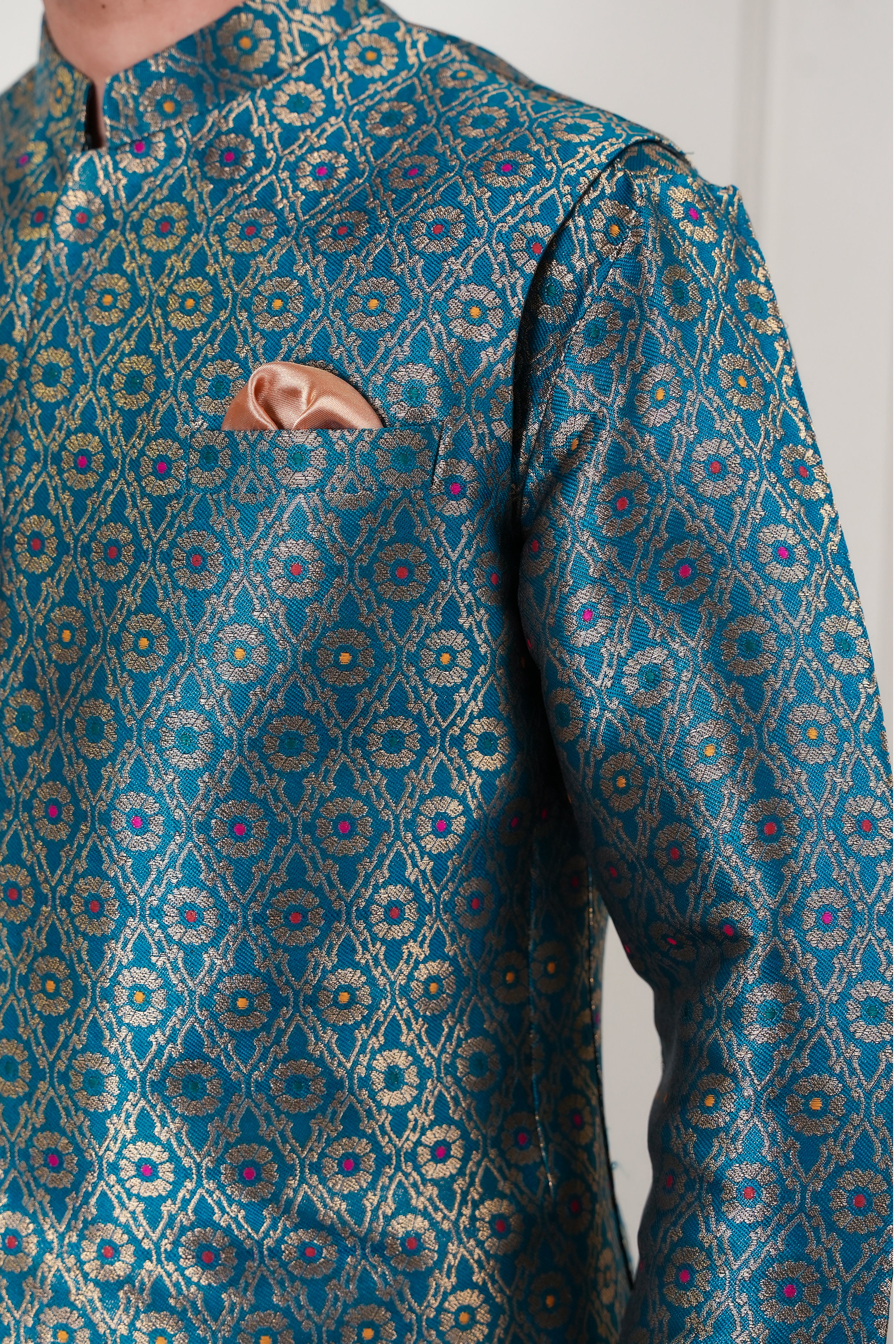 Teal Green Woven Jamawar Waistcoat Kurta (2-Piece) - Image 6